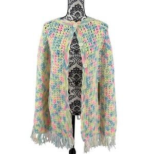 Handmade Pastel Crochet Fringe Cape One Size Colorful Boho Layering Sweater